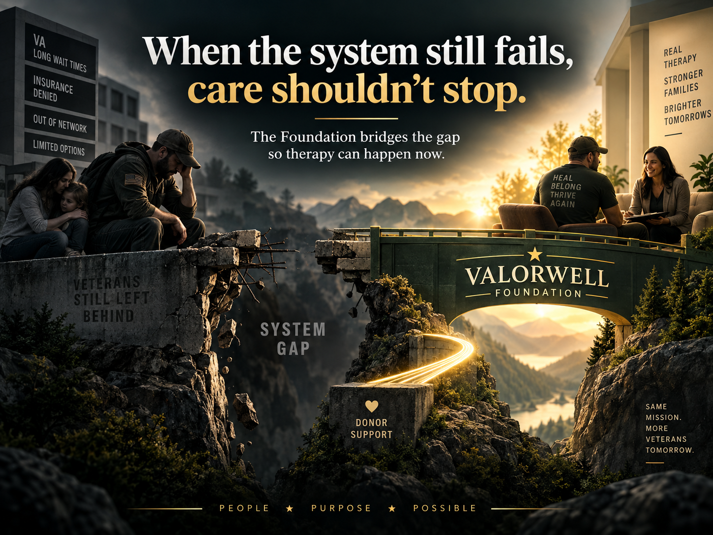 A veteran family stranded by a structural system gap, with the ValorWell Foundation bridging the gap so therapy can happen now.