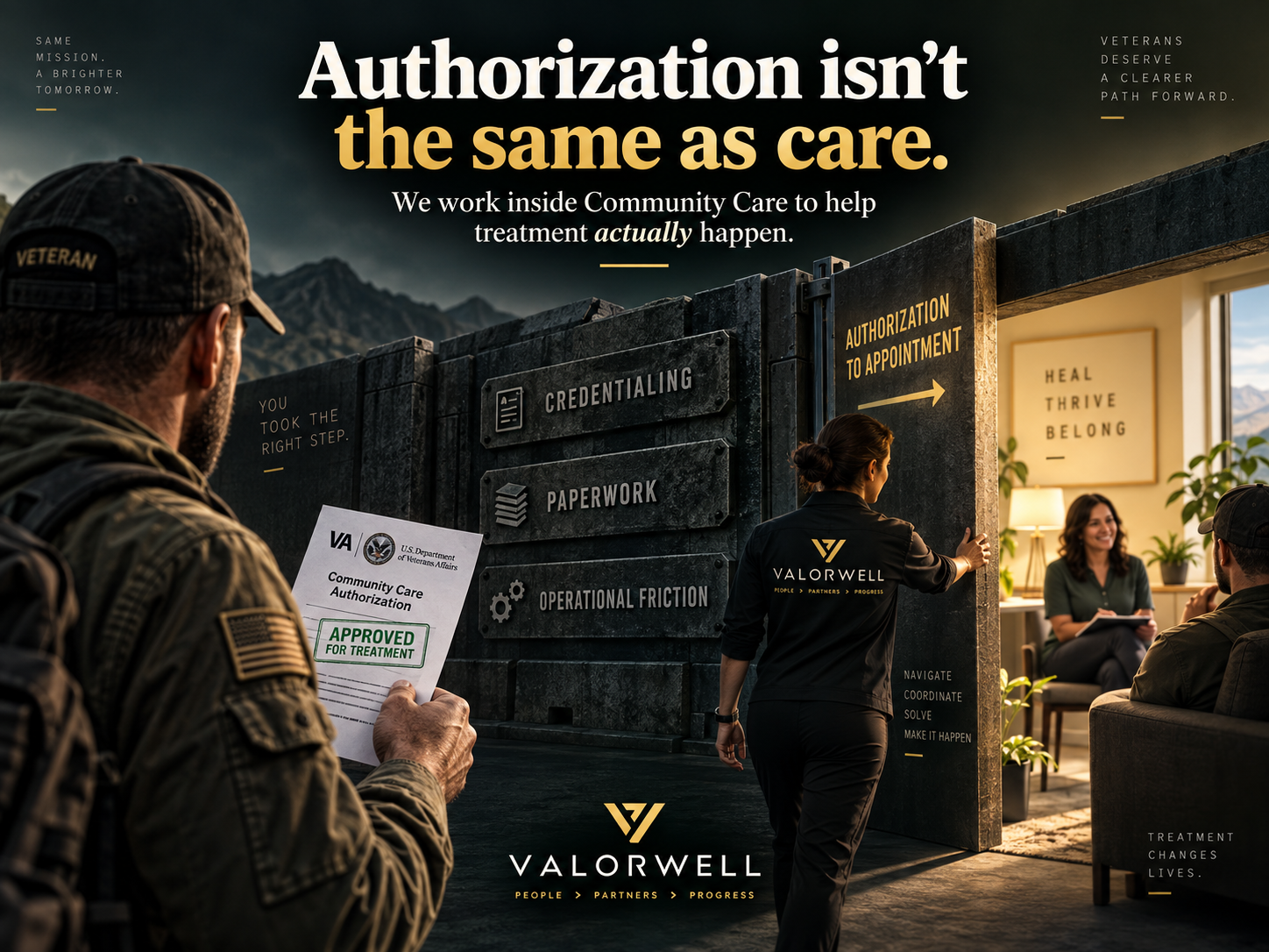 A veteran holding a VA Community Care authorization facing credentialing, paperwork, and operational barriers, while ValorWell opens the path to an appointment.
