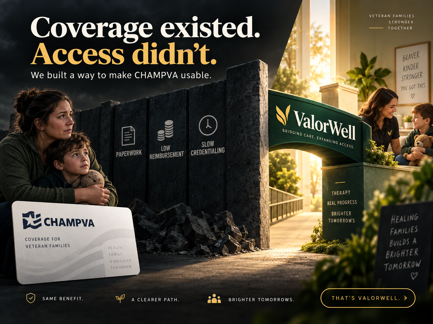 A family with CHAMPVA coverage facing paperwork, reimbursement, and credentialing barriers, with ValorWell creating a path through to therapy.