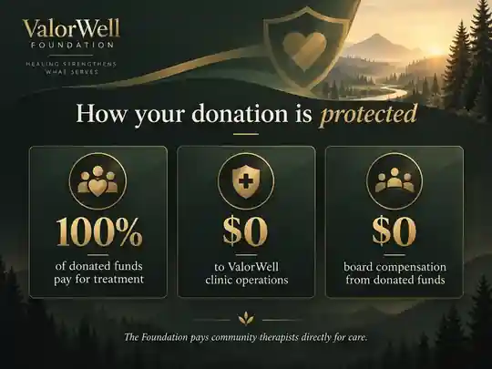 Graphic showing 100% of donated funds pay for treatment, with zero dollars to ValorWell clinic operations and zero dollars of board compensation from donated funds