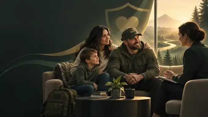 Veteran and family meeting with a community therapist, representing Foundation-funded mental-health care